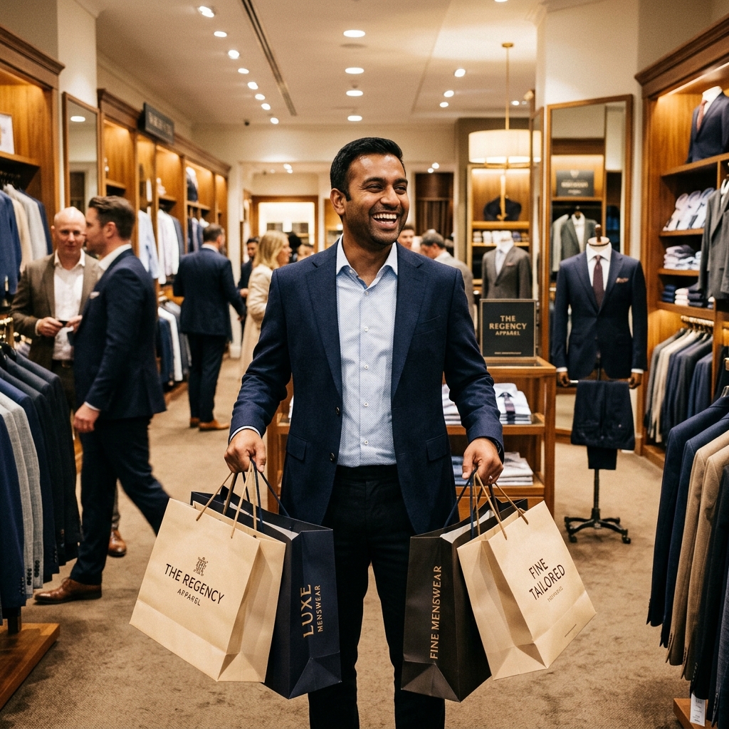 Happy customer at Royal Mens Wear with new blazer purchase