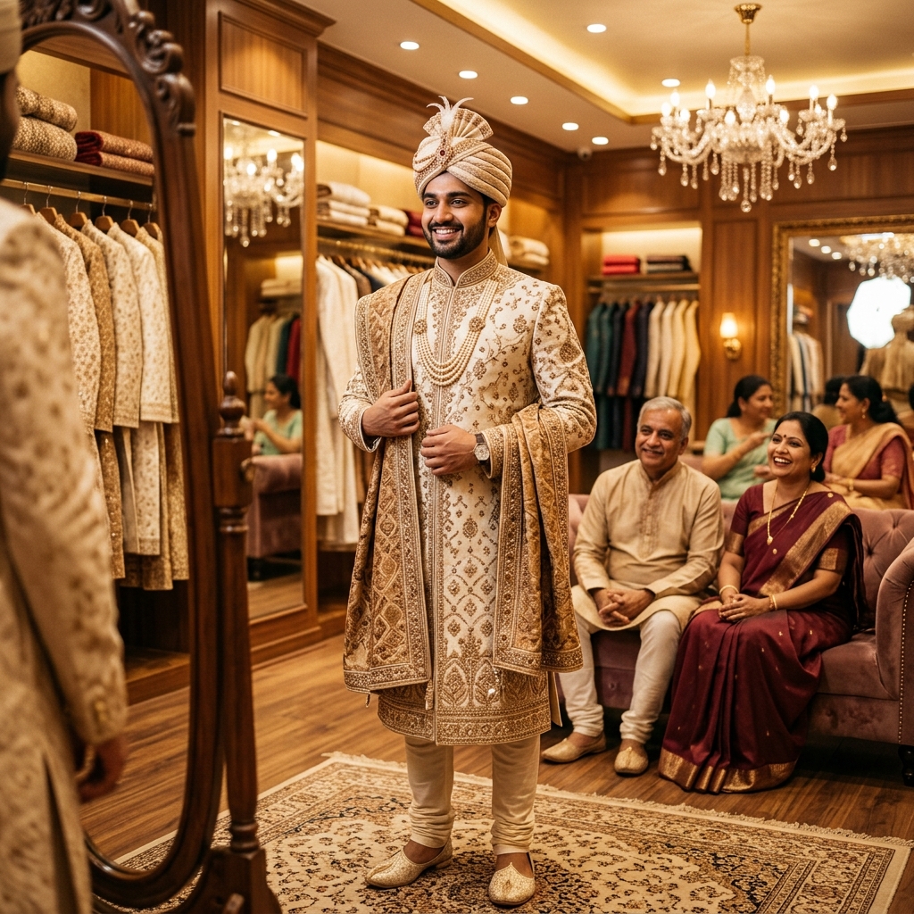 Happy customer wearing new sherwani from Royal Mens Wear