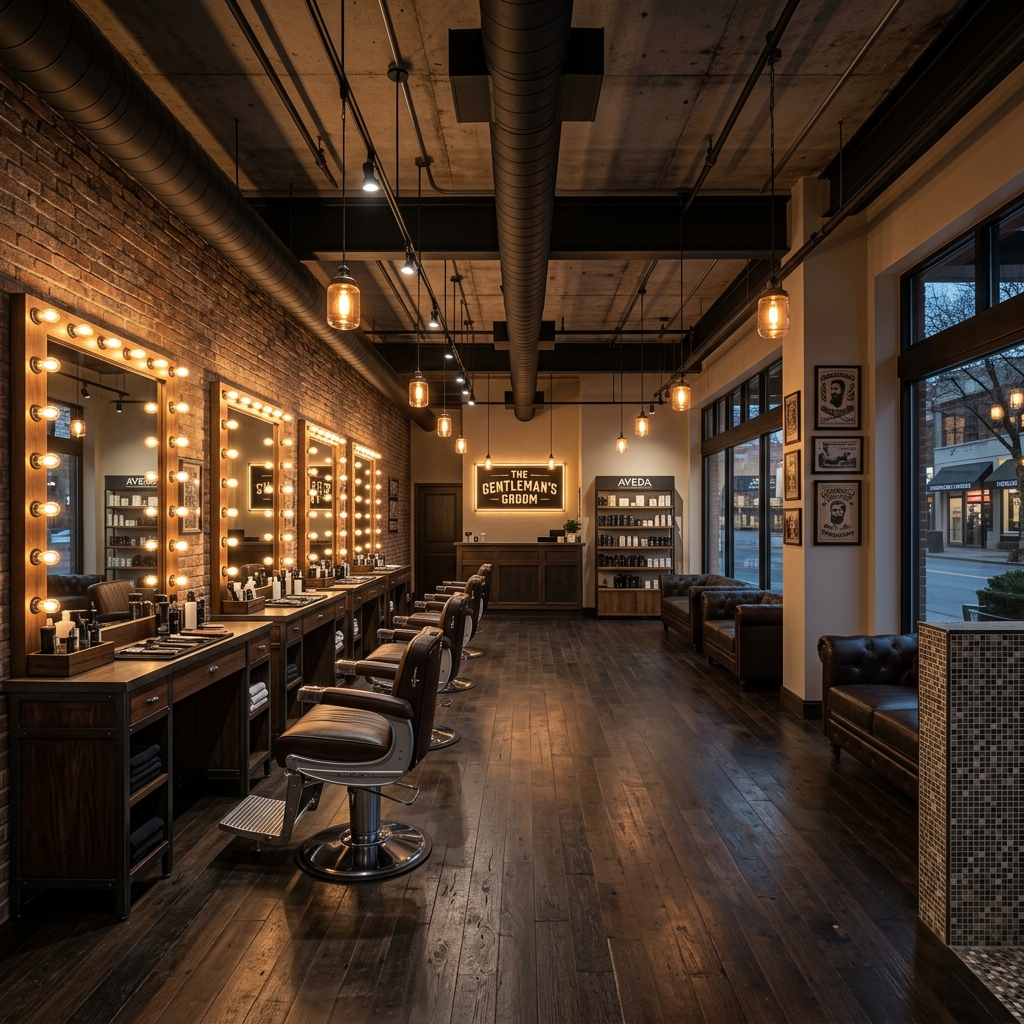 Interior of The Royal Men's Grooming Studio showing premium barbershop setup
