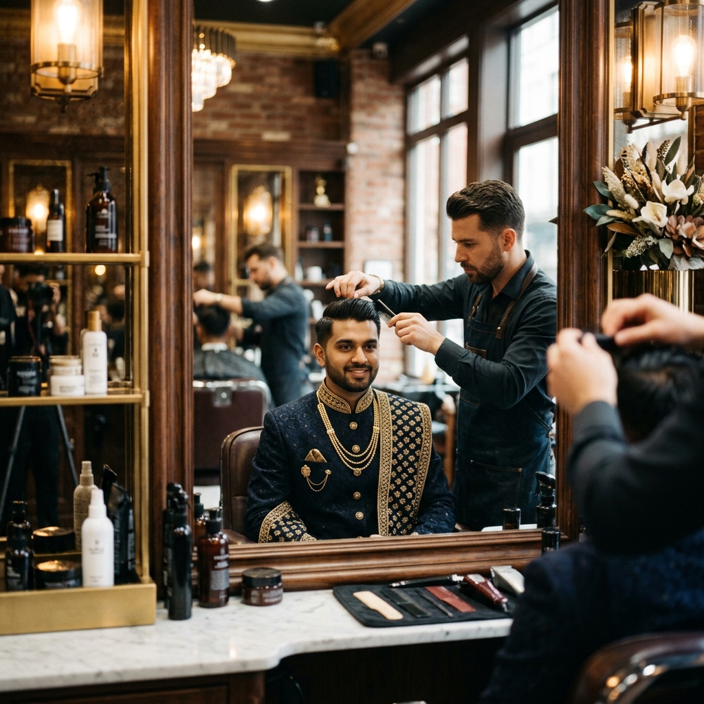 Indian groom being styled for his wedding day at The Royal Men's Grooming Studio